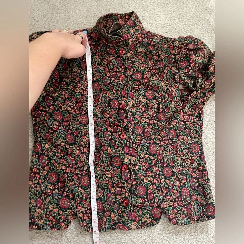 Vintage handmade brown red floral 2 piece set midi skirt and puff sleeve jacket
